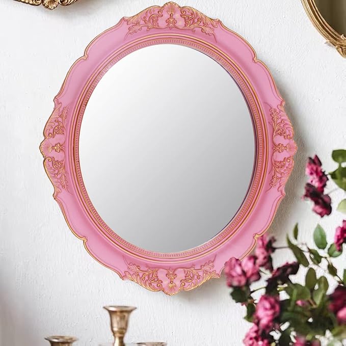 YCHMIR Vintage Decorative Wall Mirror 14.8 x 13.1 Inch Oval Mirror（Pink）