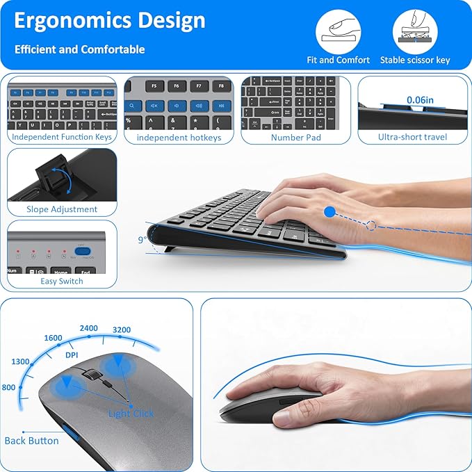 Wireless Keyboard and Mouse, GALENMORO Silent Quiet Combo Low Profile USB C Full Size Compact with Number Pad Flat Soft Touch Cordless for Mac Computer PC Laptop MacBook iMac Office - Black and Gray