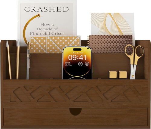 Bamboo Mail Organizer by [Brand Name] - All-in-One Desktop File Organizer with Drawer & Pencil Holder (Walnut)