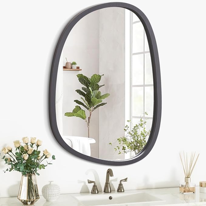 Irregular Wood Frame Asymmetrical Oval Mirror - Unique Modern Wall Mounted Artistic Mirror for Bathroom, Bedroom, Living Room & Entryway - Decorative 16"x12" Grey