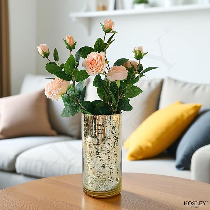 Hosley Set of 2 Mercury Gold Glass Vases – Elegant Flower Pots for Boho Decor, Wedding Gifts, Decorative Centerpieces, Hurricane Style Vase for Home, Events, and DIY Crafts