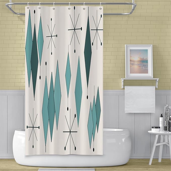 Mid Century Turquoise Shower Curtain Abstract Teal Diamond Geometric Atomic Starburst Pattern Beige Backdrop for 1950s Retro Bathroom Decor Shower Curtain Set with 12 Hooks, 36x72 Inches
