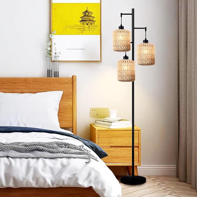 QIYIZM Floor Lamp for Living Room,Bedroom,3-Lights Boho Rattan Tree Floor Lights,Industrial Black Farmhouse Standing Lamp Wicker Rustic Tall Lamp,Woven Bamboo LampShade Floor Lamps Bohemian