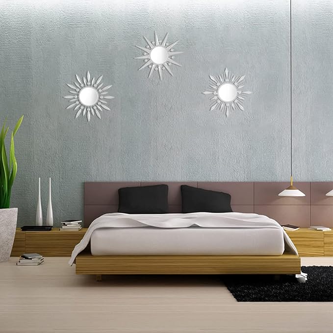 Silver Mirrors Wall Decor, Metal Sunburst Mirror Wall Art Christmas Decorative Mirrors, 9 inch Home Christmas Decoration Rhinestone Small Mirror for Living Room Entryway Set of 3
