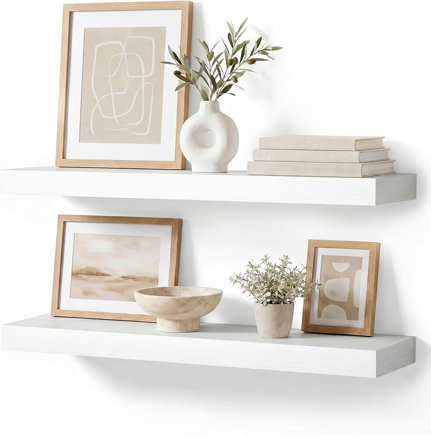 White Floating Shelves Set of 2, 24 Inch Wall Mounted Wood Shelves for Bathroom Over Toilet, Bedroom, Living Room, Kitchen & Office Storage, Modern Display Shelves