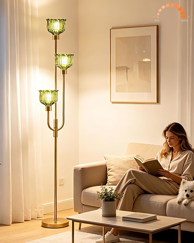 Lightdot 3-Lights Modern Glass Floor Lamp 66IN Gold Dimmable Floor Lamps with 3000K Warm White Bulbs for Wedding Party Tall Standing Lamp with Green Glass Shade for Living Room/Bedroom/Home Decor