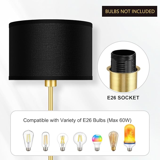 Gold Floor Lamps for Living Room, Modern Bright Standing Lamp, Black Lamp Shades, Foot Switch, Simple Pole Lamps Corner Lamp for Bedroom,Office, Living Room, Den, Black Living Room Lamp(No Bulb)