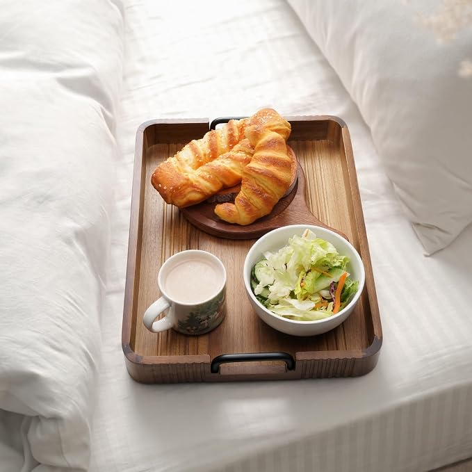 Acacia Wood Serving Tray with Metal Handles, 17x13in, Decorative Coffee Table Tray & Ottoman Tray, Anti-Slip Pads, Dark Wood Tray for Breakfast in Bed, Bar Tray, Gift Box