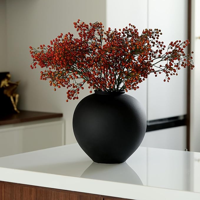 Extra Large Black Ceramic Flower vase Decorative Jar Oversize Modern Centerpiece Table Decorations,Round Shape Rustic Ceramic vases for Home Decor Dining Room(Black, 0807)