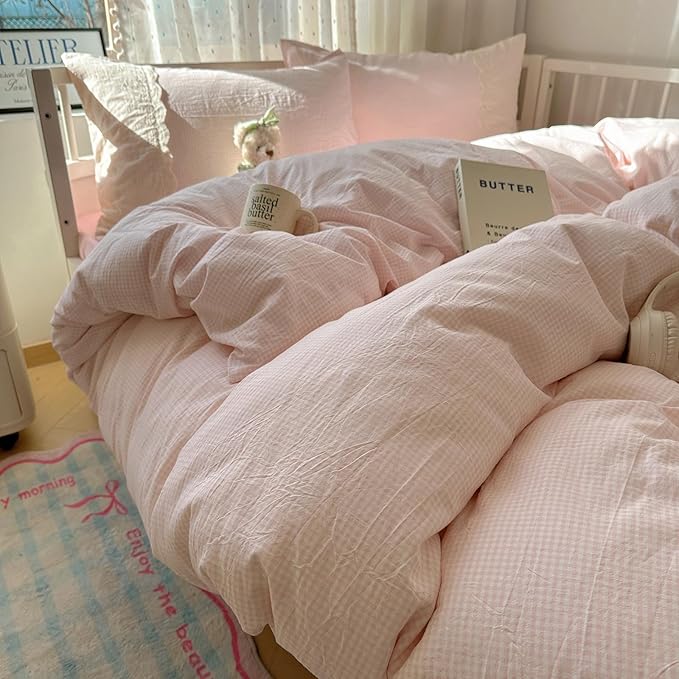 LifeTB Pink Gingham Comforter Set Twin XL Fluffy Soft Princess Style Girls Lace Bedding Set Vintage Plaid Checkered Comforter with 2 Pillowcases Farmhouse Gingham Bedding Grid Bed Comforter Set