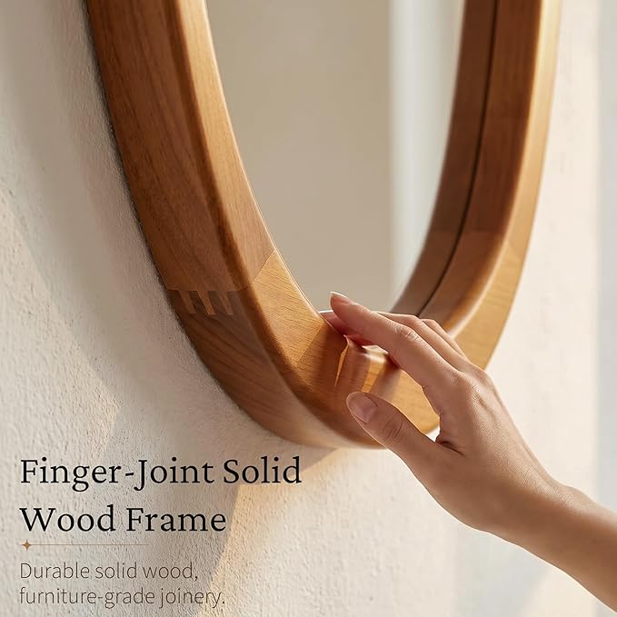 Solid Wood 30"x20" Irregular Asymmetrical Mirror, Japandi Boho Organic Shaped Decorative Accent Mirror, Small Natural Honey Walnut Wooden Wall-Mounted Mirror, Warm Walnut
