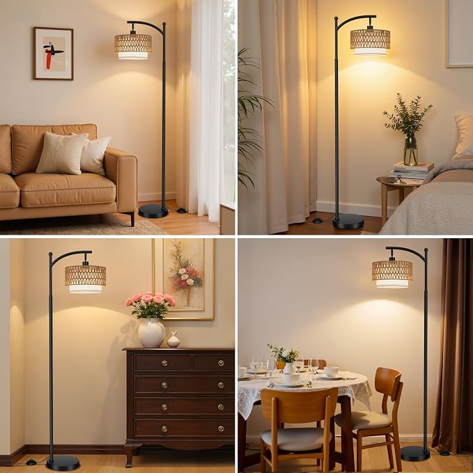 Ambimall Arc Floor Lamp for Living Room with Remote, Color Temperature & Brightness Adjustable, Boho Standing Lamp with Rattan & Fabric Double Drum Shades, Bulb Included(Black)