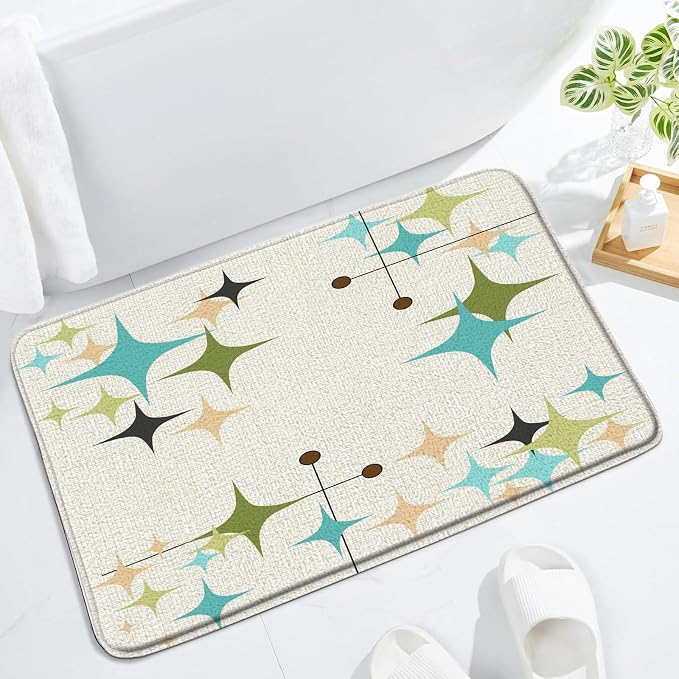 Mid Century Bath Mat Retro Atomic Stars 1950s 1960s Vintage Geometric Pattern Abstract Iconic Modern Teal Blue 19.7x31.5 Inches Indoor Outdoor Floor Rugs