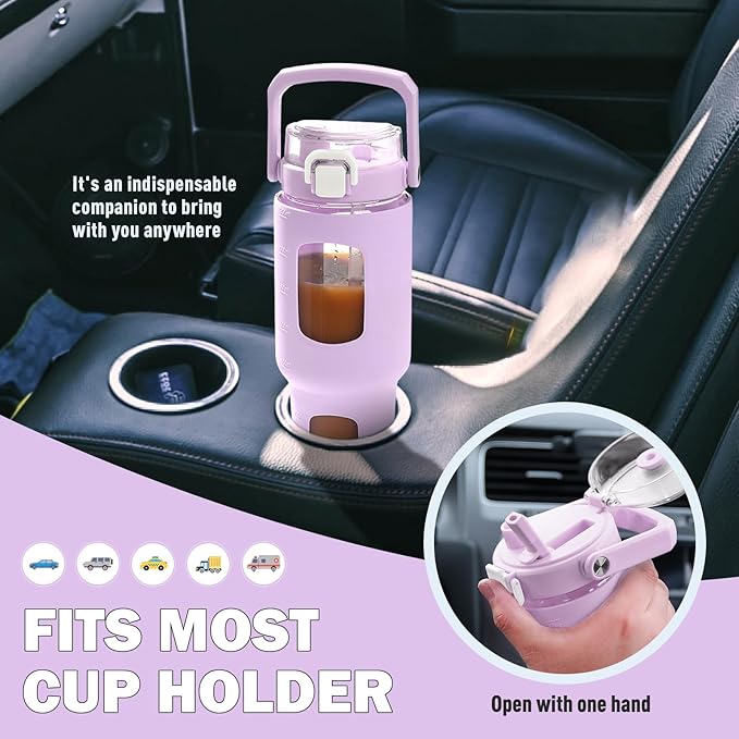 BLUEGO 32oz Glass Tumbler with Lid and Handle, Iced Coffee Cup with Straws, Glass Water Bottle with Silicone Sleeve and Volume, Marker Glass Cup with Time Marking, BPA Free, Purple