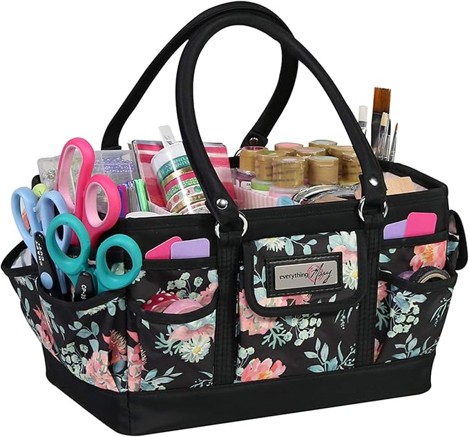 Everything Mary Deluxe Store & Tote Organizer – Black & Floral Craft Bag with Handle – Sewing, Scrapbooking & Art Supply Caddy – Stylish Storage for DIY Projects