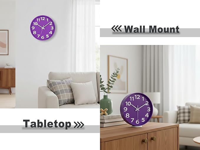 45MinST 12-Inch Modern Indoor Outdoor Wall Clock, Silent Non-Ticking, Large Numbers, Accurate Timekeeping, Perfect Decorative Accent for Home or Office (Purple)