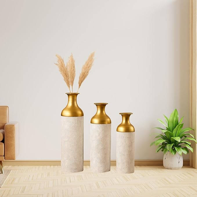 3 Pieces Metal Floor Standing Vase Set Texture 26.7inch 20inch and 16inch Sturdy Accessory Detachable Design Versatile