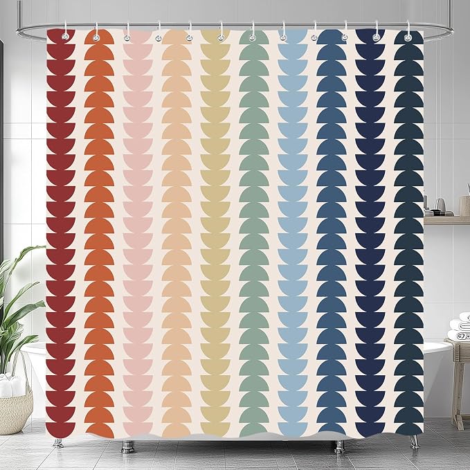 Modern Geometric Shower Curtain, Vintage Rainbow Mid-Century Abstract Art Design Bath Curtains for Bathroom, Colorful Semicircular Pattern Waterproof Polyester Fabric Bathroom Set 12 Hooks 72X84IN
