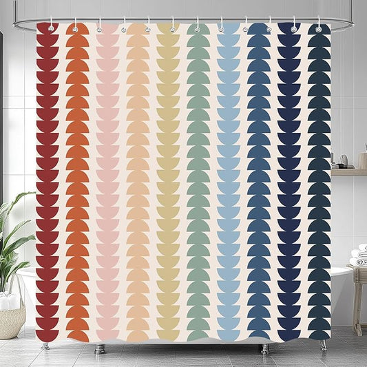 Modern Geometric Shower Curtain, Vintage Rainbow Mid-Century Abstract Art Design Bath Curtains for Bathroom, Colorful Semicircular Pattern Waterproof Polyester Fabric Bathroom Set 12 Hooks 72X78IN