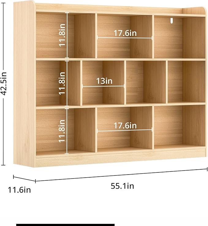 Oak Bookshelf, Wood Bookcase with 3 Tier Open Shelves, 10-Cube Minimalist Storage Shelf for Living Room, Bedroom, 55.1" W x 42.5" H