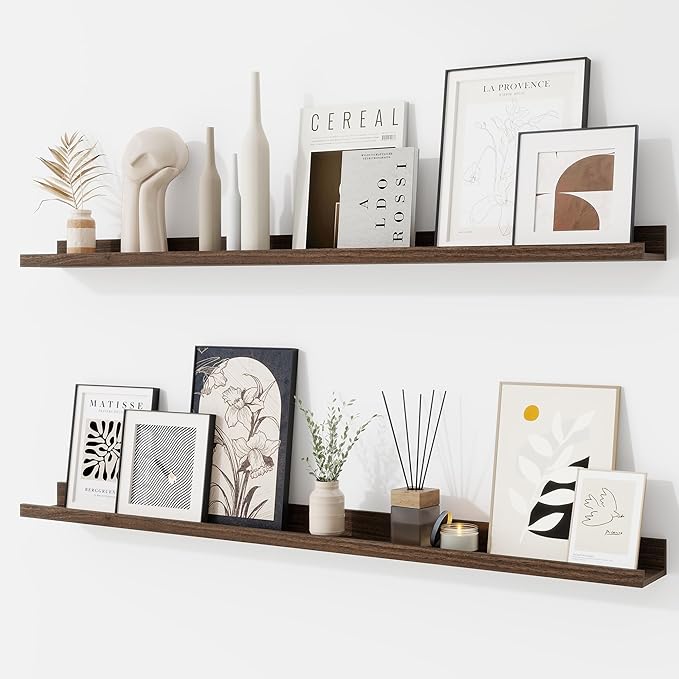RICHFOCUS Picture Ledge Shelf, 40 inch Floating Shelves Set of 2, Wood Wall Shelves with Lip, Wall Decor Storage for Bedroom Living Room Bathroom Kitchen Nursery Photo Picture, Walnut