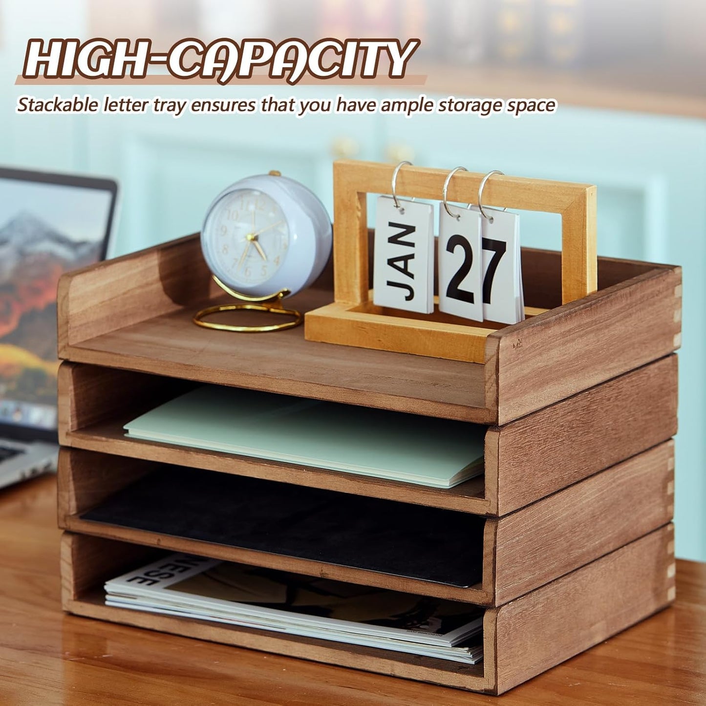 Yeaqee Stackable Paper Organizer Tray - Wood Desk Organizer for Letter Size Documents | Dark Wood Finish