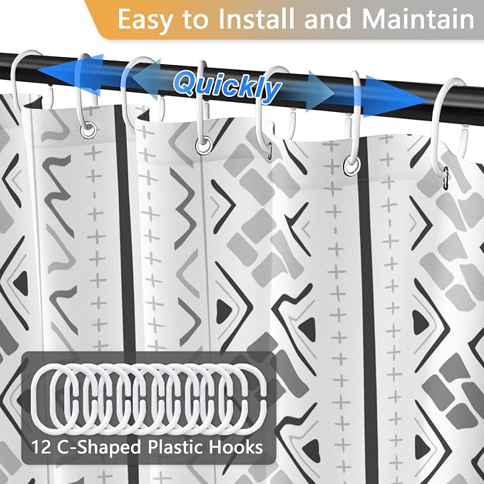 Boho Geometric Grey Shower Curtain, Modern Abstract Vertical Striped Shower Curtains for Bathroom with Hooks, Hotel Style Waterproof Fabric Shower Curtain Set, Weighted Hem, 72x72 Inches