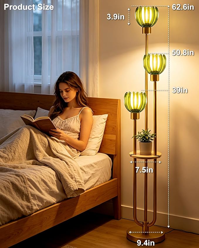 Lightdot 3-Lights Glass Floor Lamp for Living Room Modern Gold Floor Lamps with Lotus Green Glass Shade& Bulbs Included for Wedding/Party Tall Standing Lamp for Bedroom/Sofa Beside/Corner Decor
