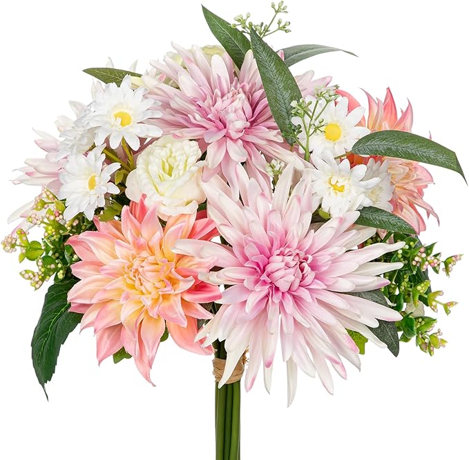 Briful Artificial Flowers Bouquet for Decoration, Silk Flowers Arrangements with Dahlia & Daisy Mums Fake Floral Stems for Home Vase Table Centerpiece Wedding Party Decor