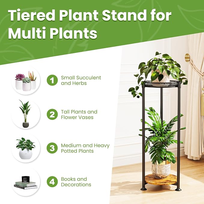 2 Tier Black Plant Stand Indoor,30 Inch Tall Multiple Sturdy Metal Flower Corner Rack for Narrow House Floor Iron Vertical Level Round Orchi Holder Organizer Modern