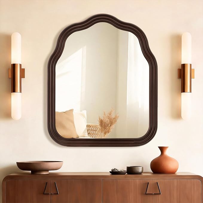 Tanmicoshomy Wood Arch Bathroom Mirror 30x36 Inch, Rustic Wavy Wooden Framed Mirrors with Tempered Glass for Living Room, Bedroom or Entryway (Dark Brown)