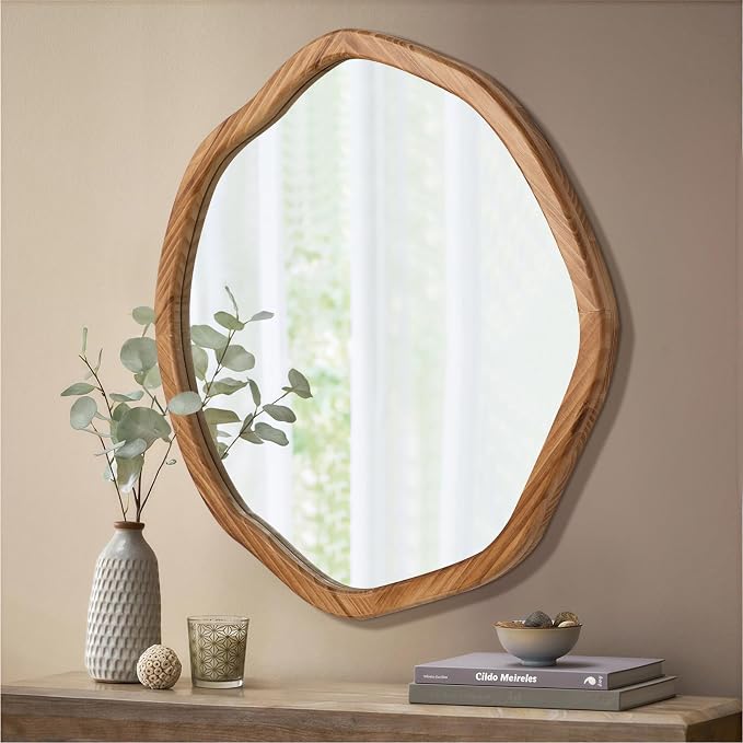 ULIKE Round Wood Mirror, 30 Inch Irregular Circle Vanity Wall Mirror with Wooden Frame, Rustic Decorative Wall Mount for Bathroom Bedroom Living Room Entryway, Rustic Brown