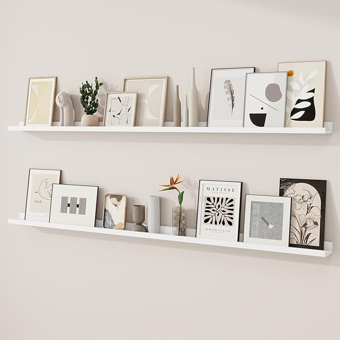 RICHFOCUS Picture Ledge Shelf, 72 inch Floating Shelves Set of 2, Wood Wall Shelves with Lip, Wall Decor Storage for Bedroom Living Room Bathroom Kitchen Nursery Photo Picture, White