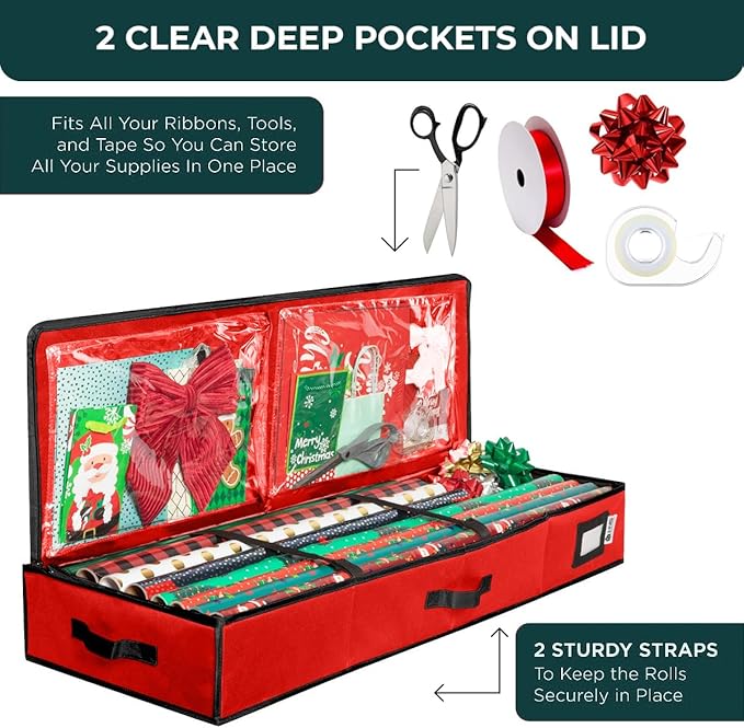 HOLDN' STORAGE Premium Wrapping Paper Storage Container - Durable 600D Tear-Proof, Fits 27 Rolls Gift Wrap, Extra Pockets for Ribbons & Bows, Underbed Storage - Ideal for Holiday Christmas, Red/Black Trim