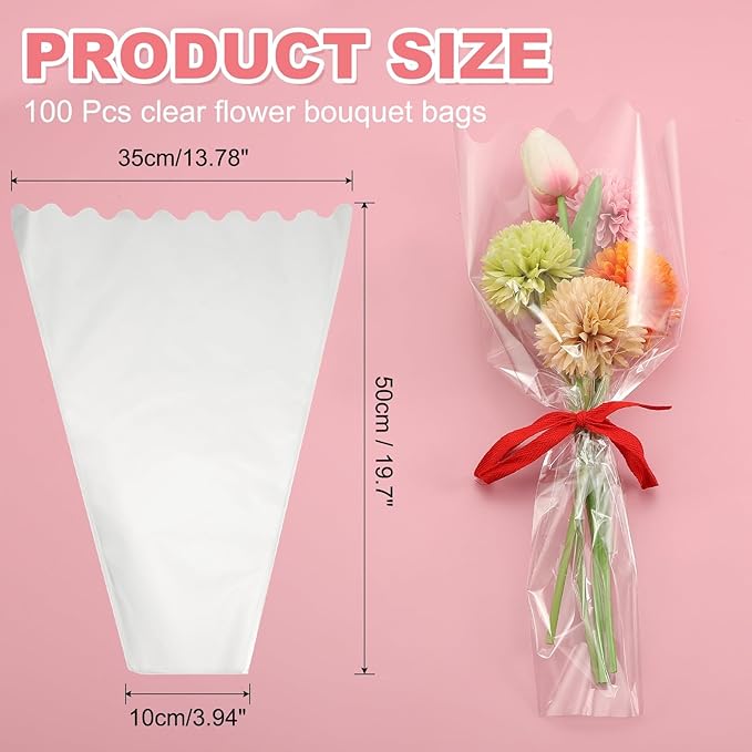YELARXI Clear Flower Wrapping Bags, Transparent Flower Packaging Bag Waterproof Durable Bouquet Sleeves - Fitting for (Florists/Floral Arrangements Supplies), 13.8x3.9x19.7 Inch & 100Pcs