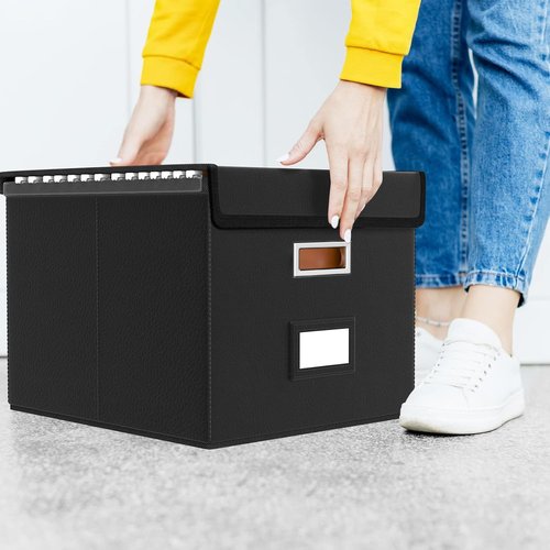Huolewa File Organizer Box - Collapsible Faux Leather Filing System with Lid | Decorative Home/Office Storage