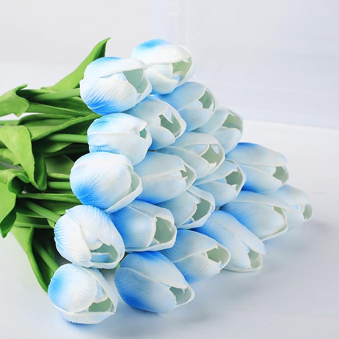20 Pcs 13” Real Touch Light-Blue Tulips Artificial Flowers, Latex PU Fake Faux Flowers, for Wedding Bouquet Home Decor