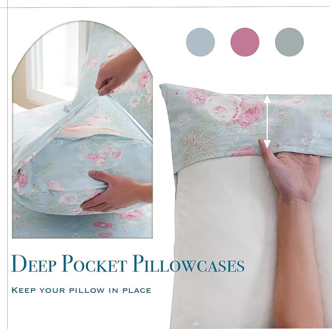 Zusbest Blue Floral Sheets Set King Size 100% Cotton Pink Flowers Bed Sheet Shabby Vintage Chic Bedding Romantic Pastoral Style Original Design Soft Luxury Deep Pocket Fitted Sheet 17.5'', 4 Pcs