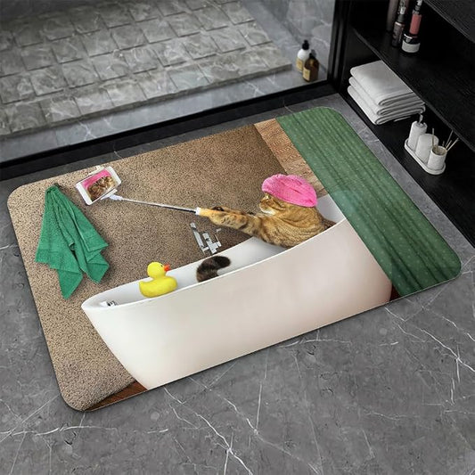 Diatomaceous Earth Bath Mat,Cat is Taking a Bath with a Selfie Non-Slip Volume Super Absorbent Fast Drying for Bathroom Kitchen Door mat,Eco-Friendly Easy to Clean 17×27.5Inch (43 * 70cm)