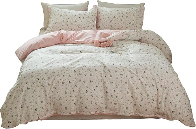 Girl Floral Duvet Cover Twin Pink White Flower Print Bedding Sets Garden Style Flower Comforter Cover Cotton Aesthetic Bedding Cover Chic Floral Bedroom Collection 1 Duvet Cover with 2 Pillowcases