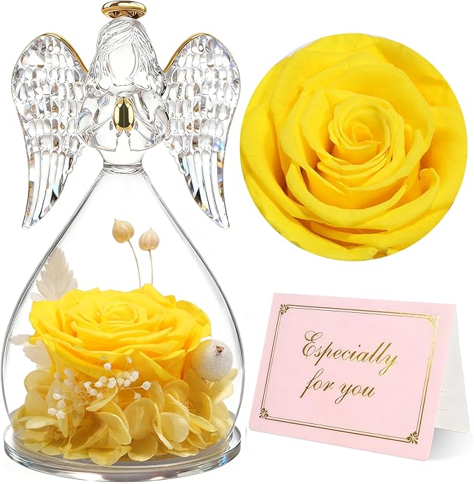 Yamonic Mom Birthday Gifts for Mom,Angel Figurines with Real Rose Gifts for Her Mom Grandma,Preserved Flowers Rose Angel Figurines for Mothers Day Christmas Anniversary Birthday Gifts for Wife(Yellow)