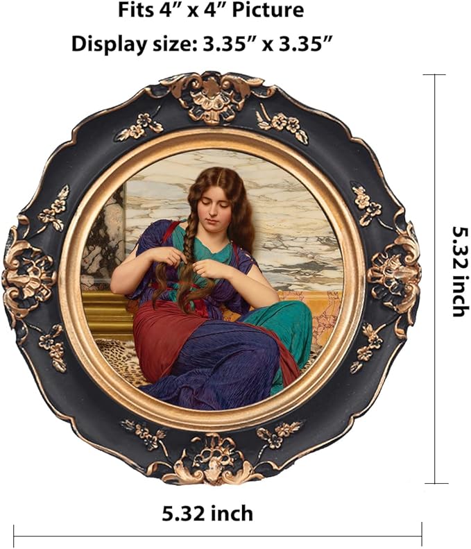 WINPLUS+ Vintage Picture Frames 4x4 Round,Luxury Antique Photo Frames With Golden Embossed Flower Furnishing, Retro Style Decor, Wall and Tabletop Display, Art Gallery (4 * 4-Black)