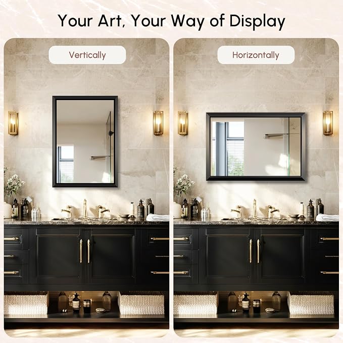 USHOWER 24x36 Inch Floating Bathroom Mirror - Brushed Black Wall Mirror for Over Sink, Anti-Rust, Beveled Aluminum Frame, Modern Rectangular HD Reflection Vanity Mirror(Copper-Free Silver Coating)