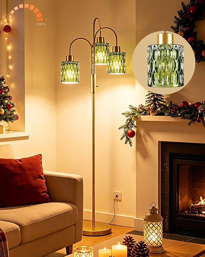 70" Glass Floor Lamp, 3-Light Gold Dimmable Standing Tall Lamp with Green Ribbed Glass Shades &3PCS 3000K Warm White Bulbs, Modern Tree Pole Lamp for Living Room Bedroom Home Decor