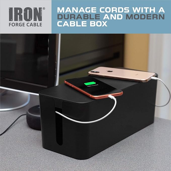 Iron Forge Cable Cable Management Box, 2 Pack - Cord Organizer and Hider for Wires, Power Strips, Surge Protectors & More - Includes Cord Sleeve, Hook and Loop Keepers, Zip Ties & Clips