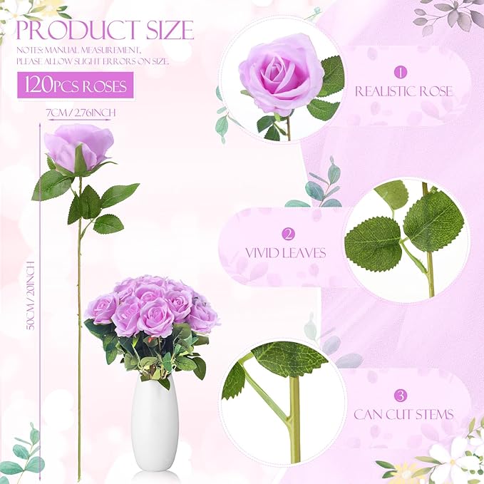 Jexine 50 Pcs Artificial Rose Flower Bulk Realistic Silk Fake Roses with Long Stem Plastic Artificial Flower Bouquet Real Looking for Home Wedding Centerpieces Party Decoration(Light Purple)