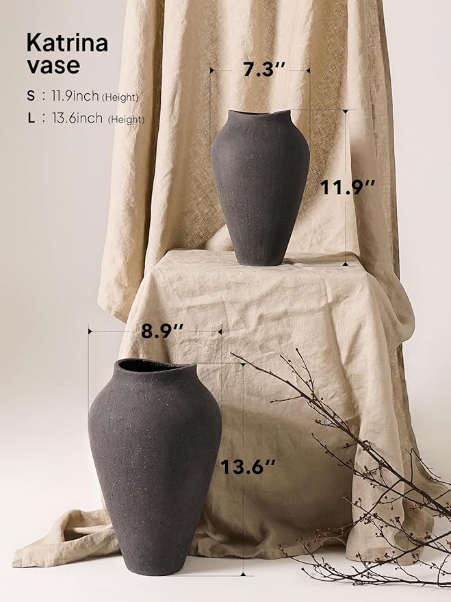 Ceramic Vase - Large 11.8 Inch Tall Floor Vase for Centerpieces, Farmhouse Rustic Minimalist Home Decor for Living Room, Enterway, Wedding (Sandstone Dark Gray)