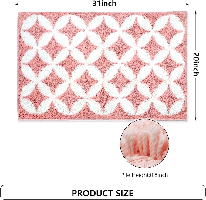 Civkor Pink and White Bathroom Rug Non Slip Washable, Cute Bath Mat for Bathroom with TPR Backing, Quick Dry Fluffy Microfiber Piles, Super Water Absorbent Thin Bath Rug Fit Under Door, 31x20Inch