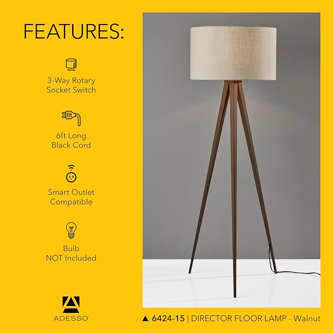 Adesso Floor Lamp with Walnut Rosewood Veneer and Beige Fabric Lampshade – 3-Way Adjustable Brightness, Lamp for Bedroom, Living Room, and House Décor, 60.25” x 21”