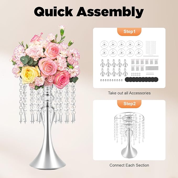 10PCS Silver Wedding Centerpiece Stands, 13.79 Inches Acrylic Crystal Flower Vases for Table Decor, Modern Silver Flower Stand for Wedding Reception, Party, Home Decor, Centerpieces for Tables